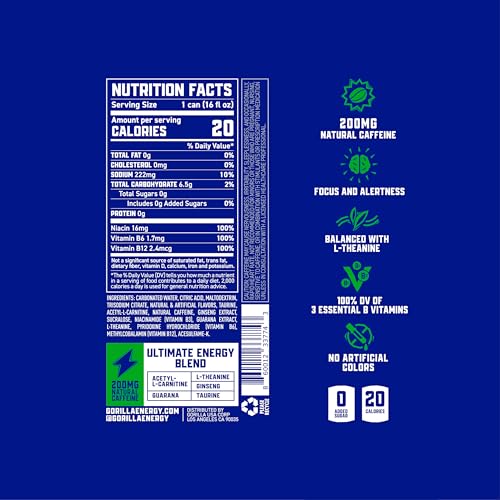Gorilla Energy Zero Sugar Energy Drink, Ultimate Flavor, 200mg Natural Caffeine for Energy, 16 oz Cans, 12 Pack  
Gorill