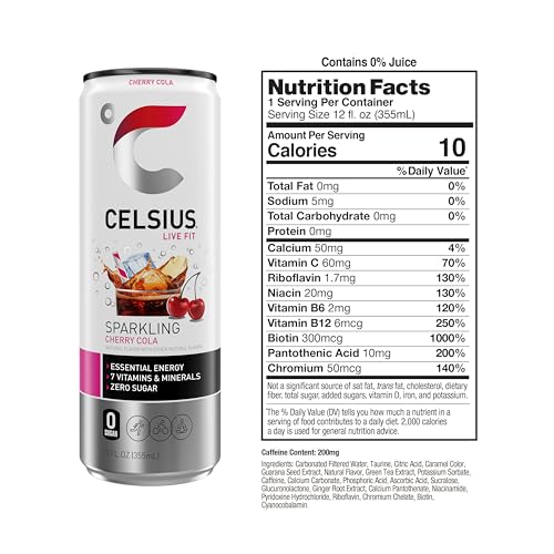 CELSIUS Sparkling Cherry Cola Sugar Free Energy Drink for Adults on the Go 12 Fl Oz (Pack of 12)