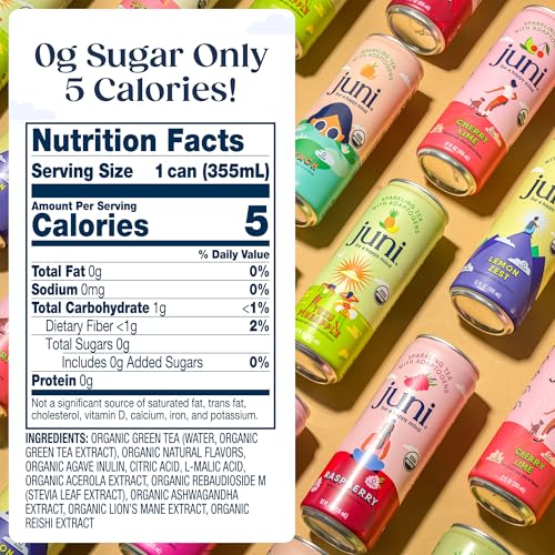 Juni Green Tea Adaptogen Drink with Ashwagandha, Lion’s Mane & Reishi Mushrooms | Non Alcoholic, Zero Sugar, 5 Calories 